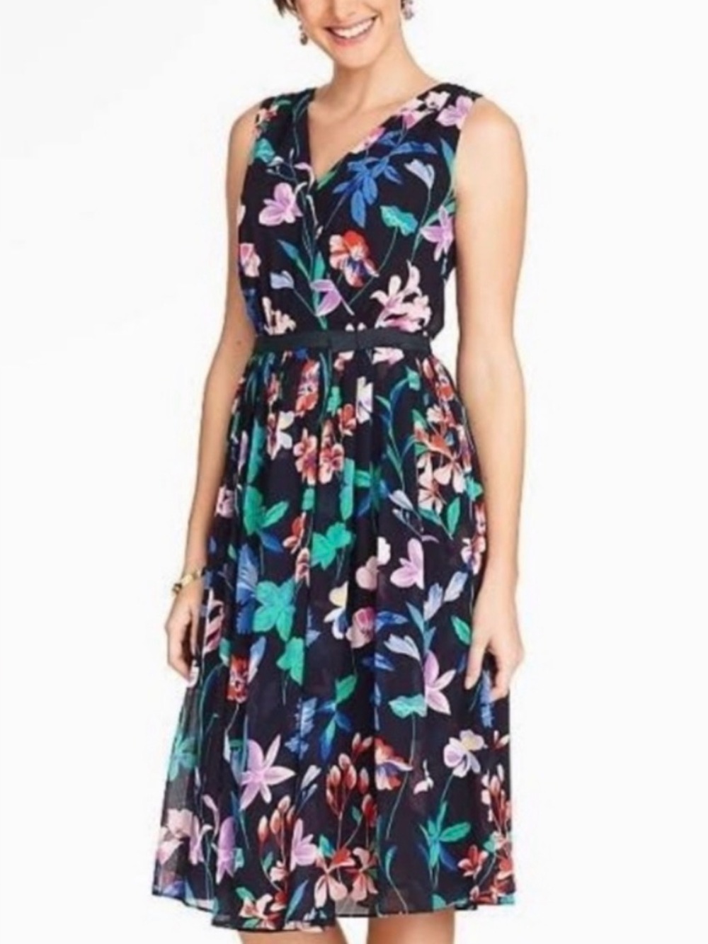 Talbots Navy Floral V-Neck Chiffon Dress